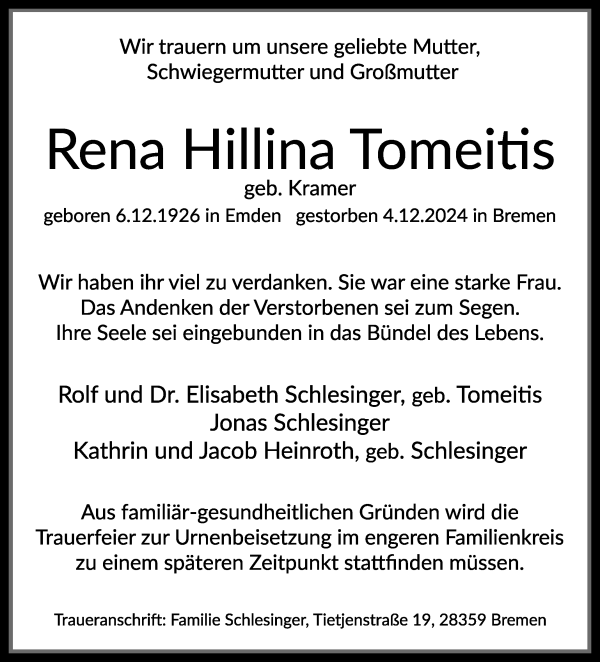 Traueranzeige von Rena Hillina Tomeitis von WESER-KURIER