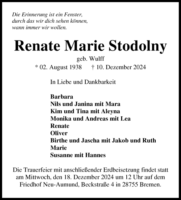 Traueranzeige von Renate Marie Stodolny von Die Norddeutsche