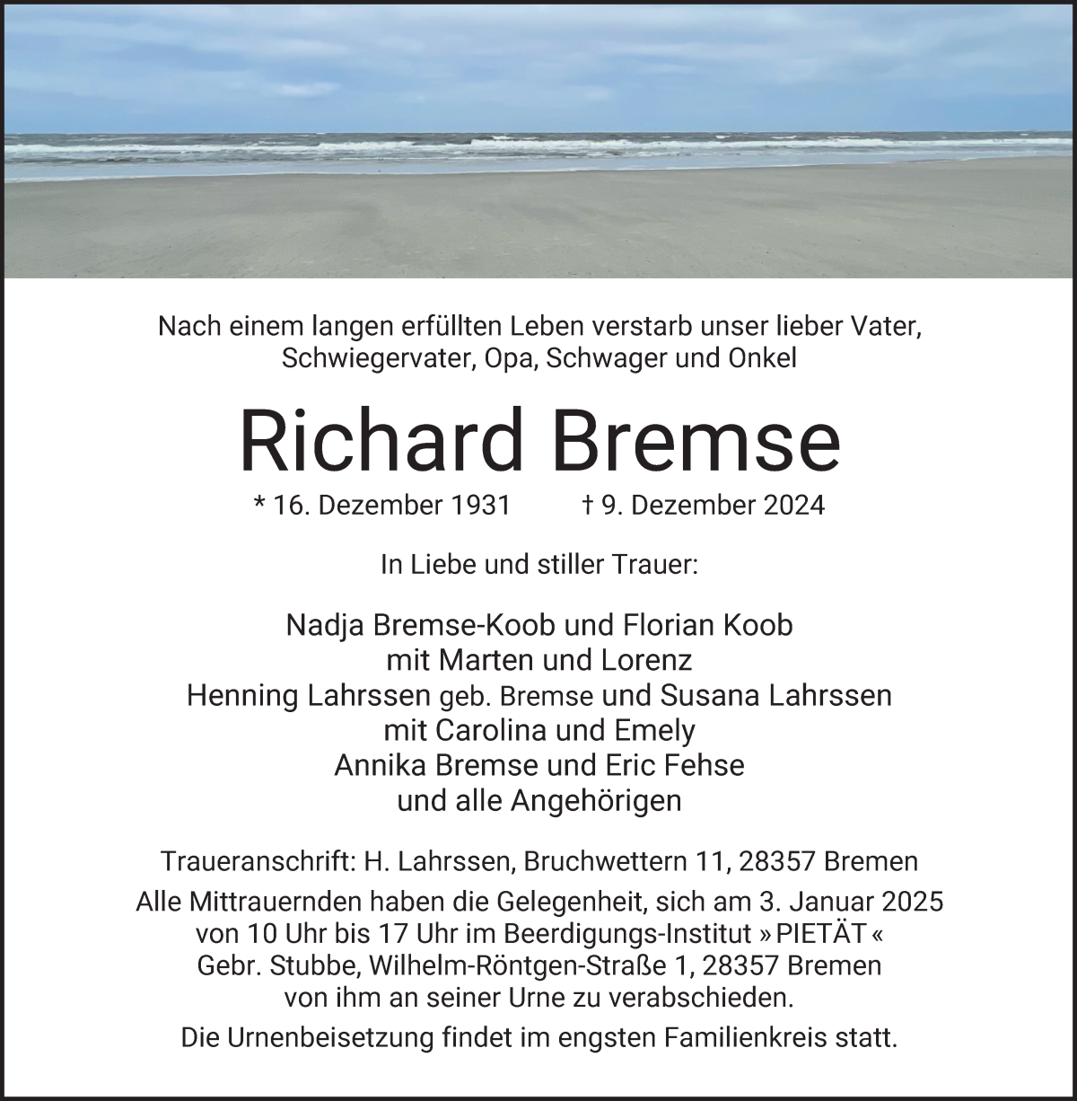 Traueranzeige von Richard Bremse von WESER-KURIER