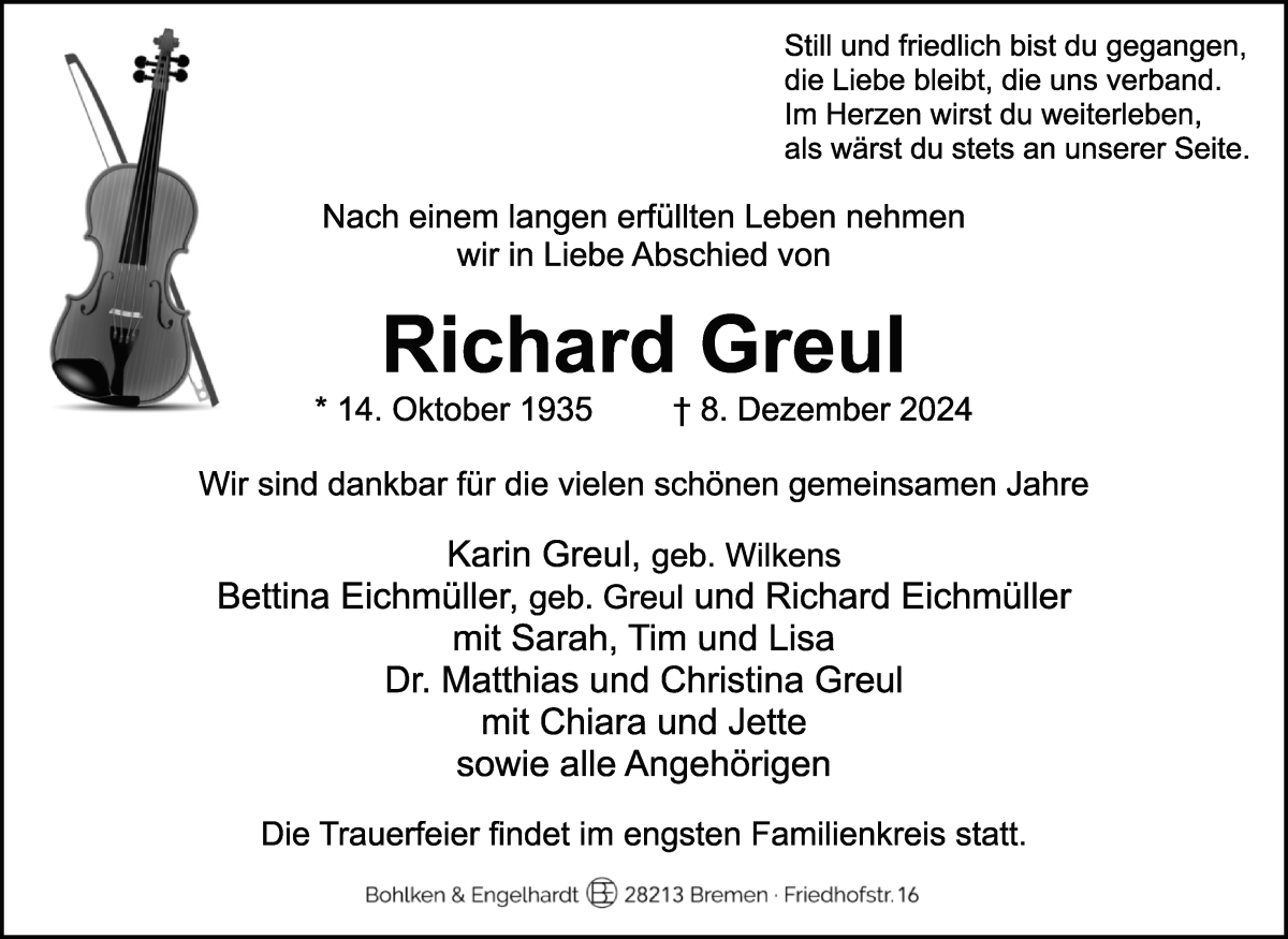 Traueranzeige von Richard Greul von WESER-KURIER