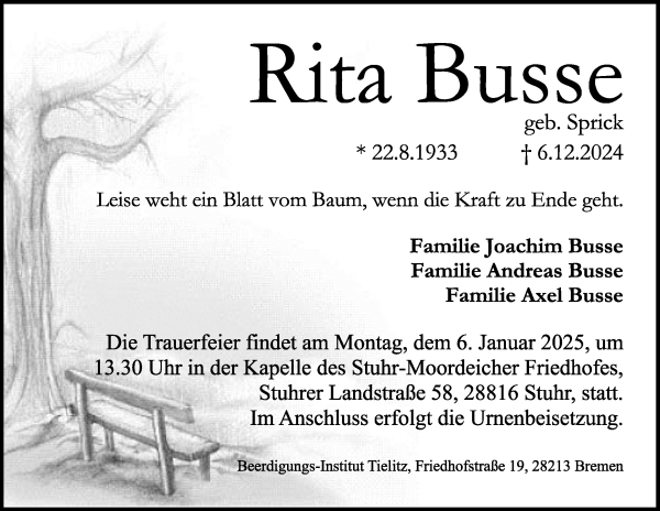 Traueranzeige von Rita Busse von WESER-KURIER