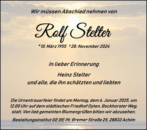Traueranzeige von Rolf Stelter von WESER-KURIER