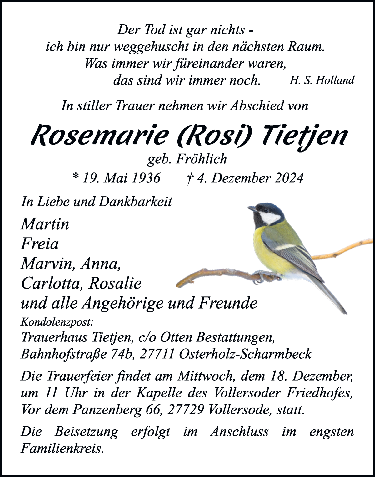 Traueranzeige von Rosemarie Tietjen von Osterholzer Kreisblatt