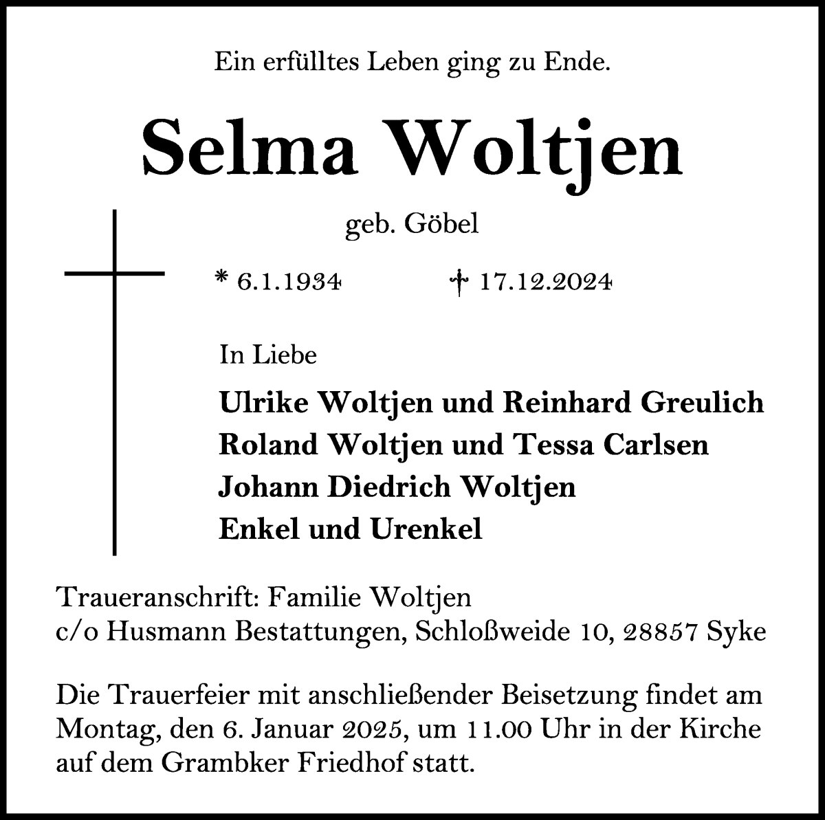 Traueranzeige von Selma Woltjen von WESER-KURIER