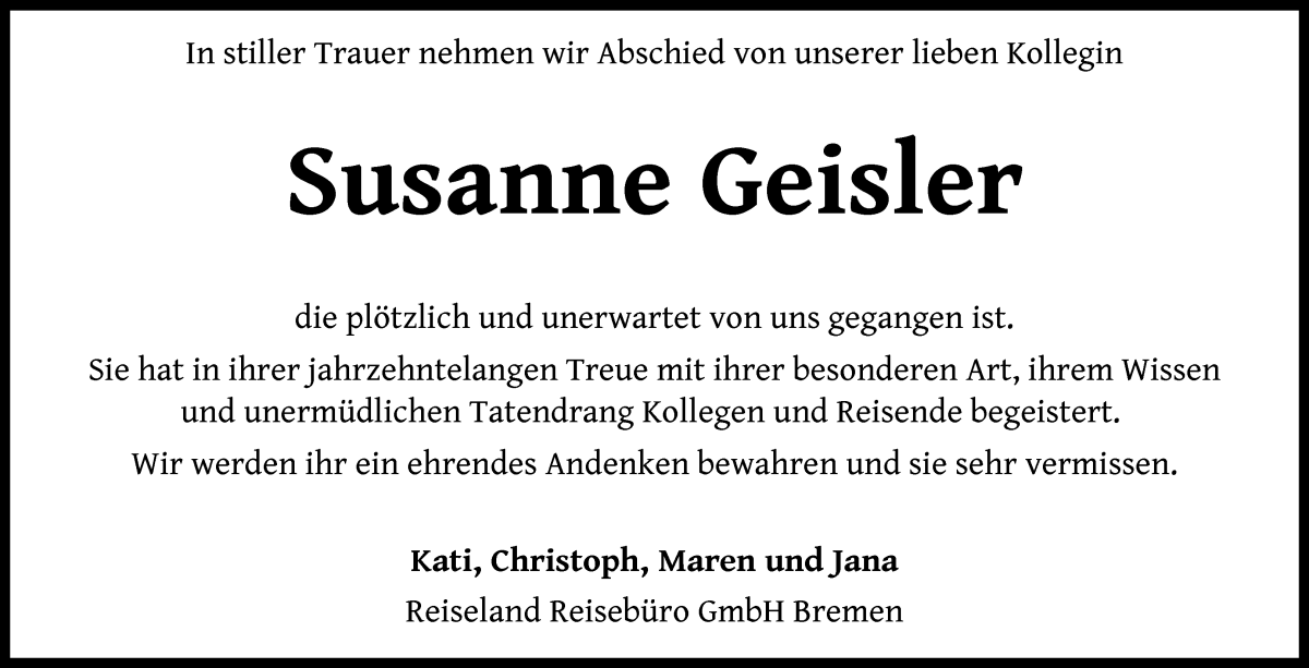 Traueranzeige von Susanne Geisler von Achimer Kurier/Verdener Nachrichten