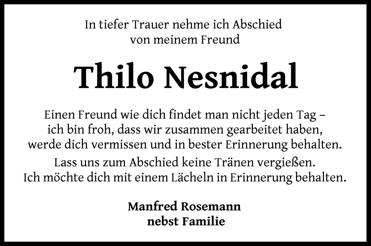 Traueranzeige von Thilo Nesnidal von WESER-KURIER