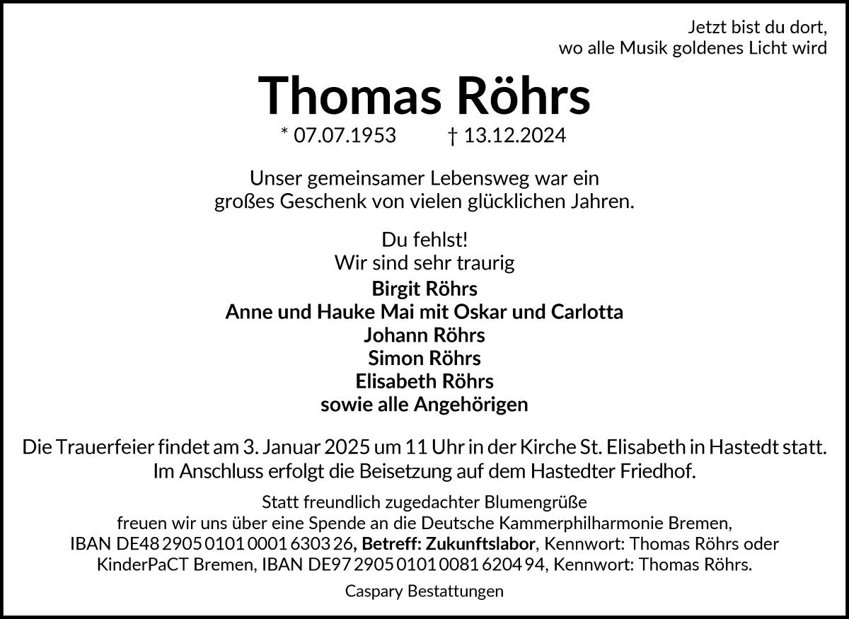 Traueranzeige von Thomas Röhrs von WESER-KURIER
