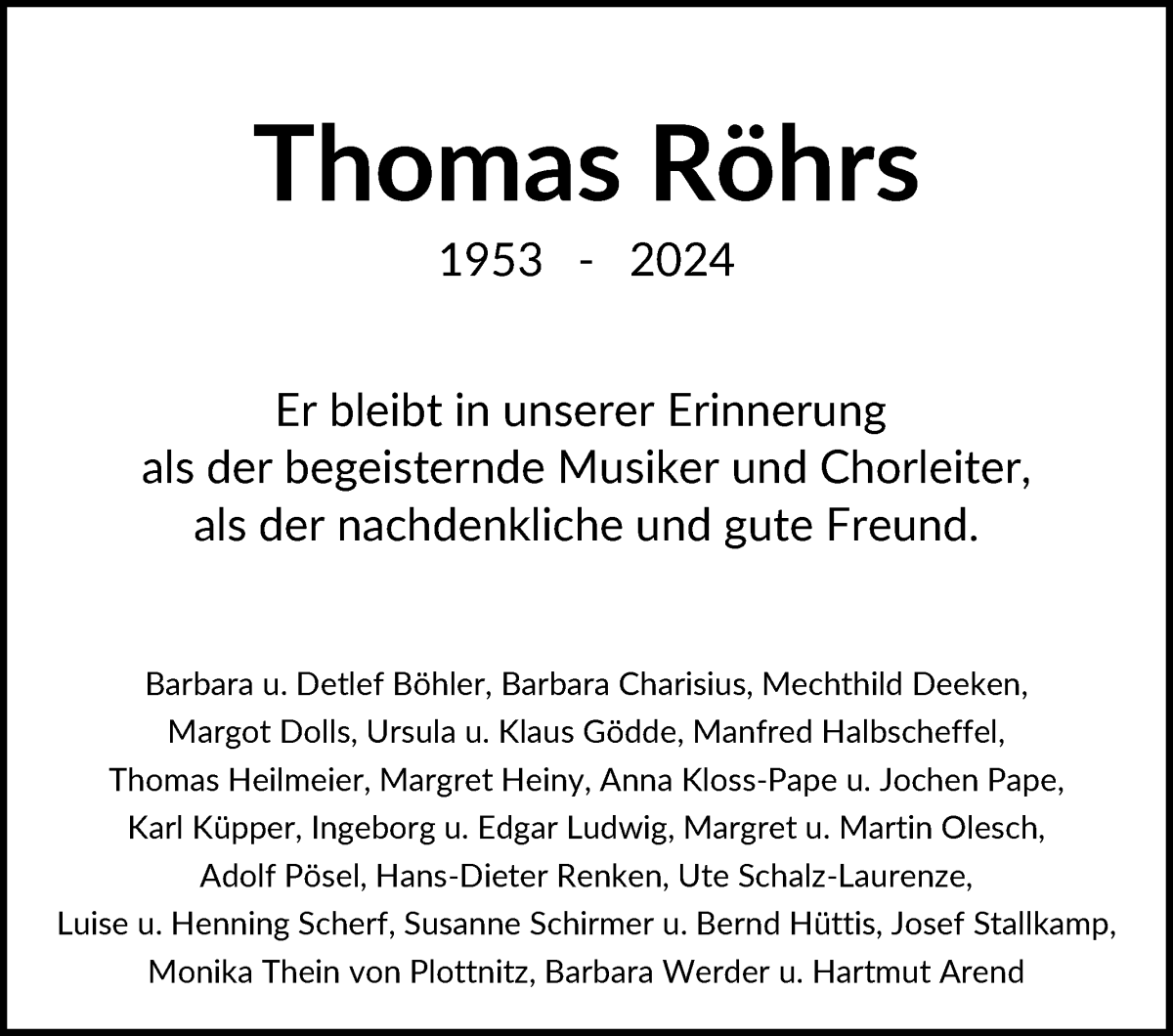Traueranzeige von Thomas Röhrs von WESER-KURIER