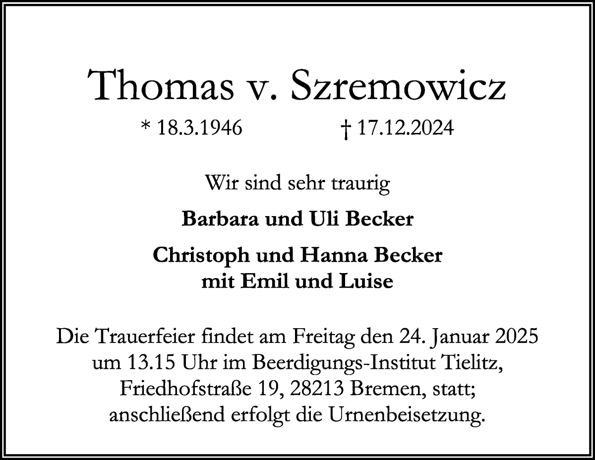 Traueranzeige von Thomas v. Szremowicz von WESER-KURIER