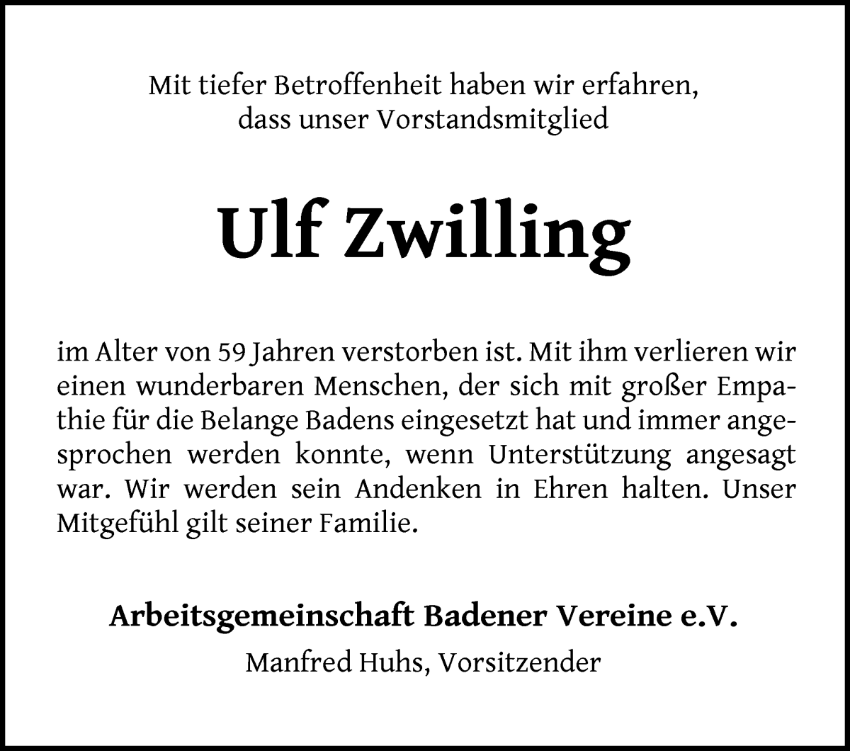Traueranzeige von Ulf Zwilling von Achimer Kurier/Verdener Nachrichten