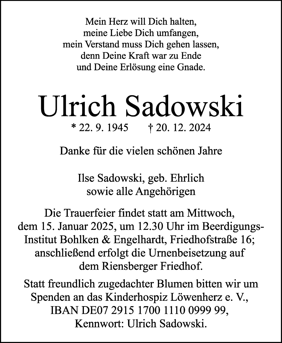 Traueranzeige von Ulrich Sadowski von WESER-KURIER