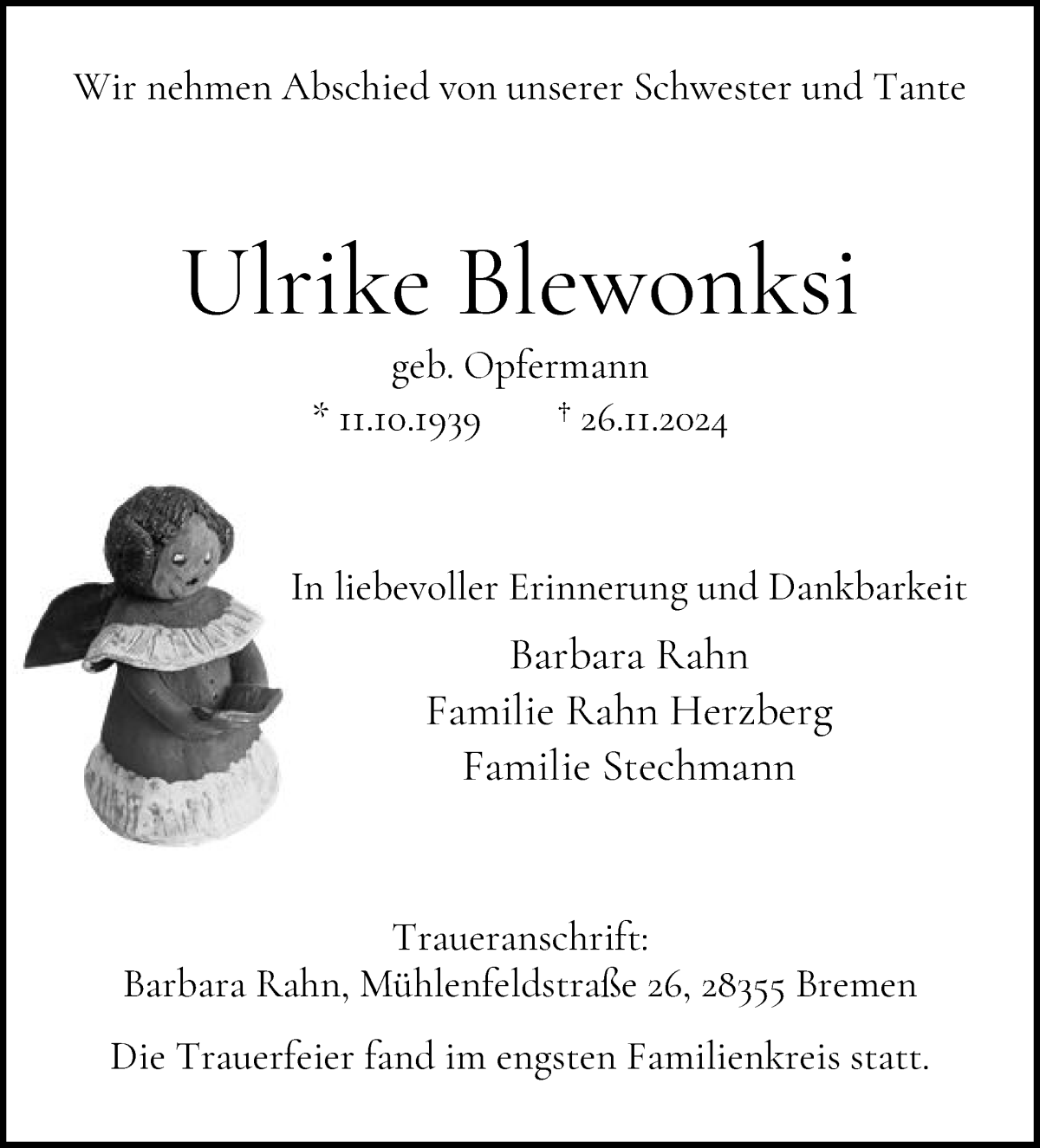 Traueranzeige von Ulrike Blewonksi von WESER-KURIER