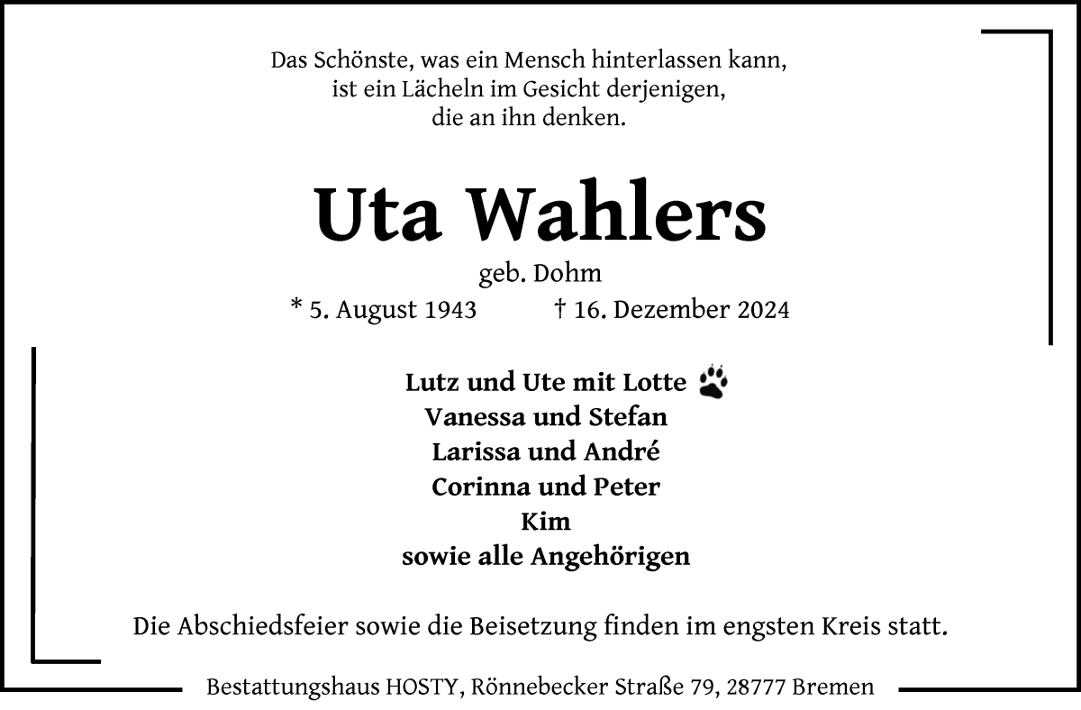 Traueranzeige von Uta Wahlers von Die Norddeutsche