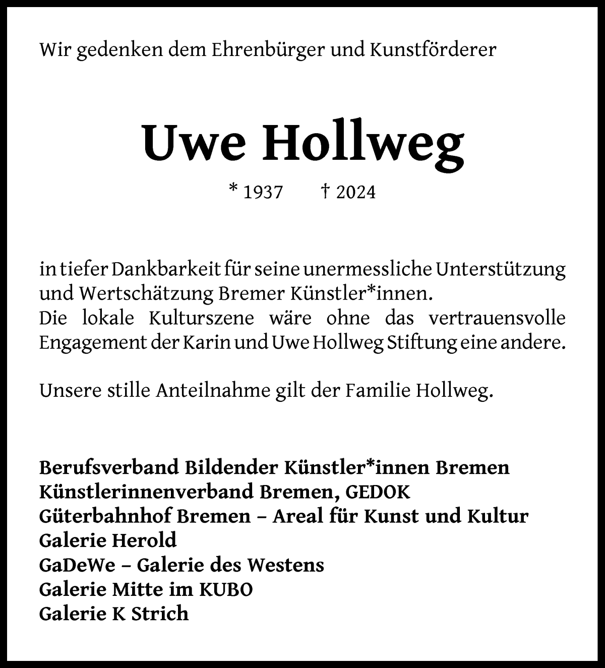 Traueranzeige von Uwe Hollweg von WESER-KURIER