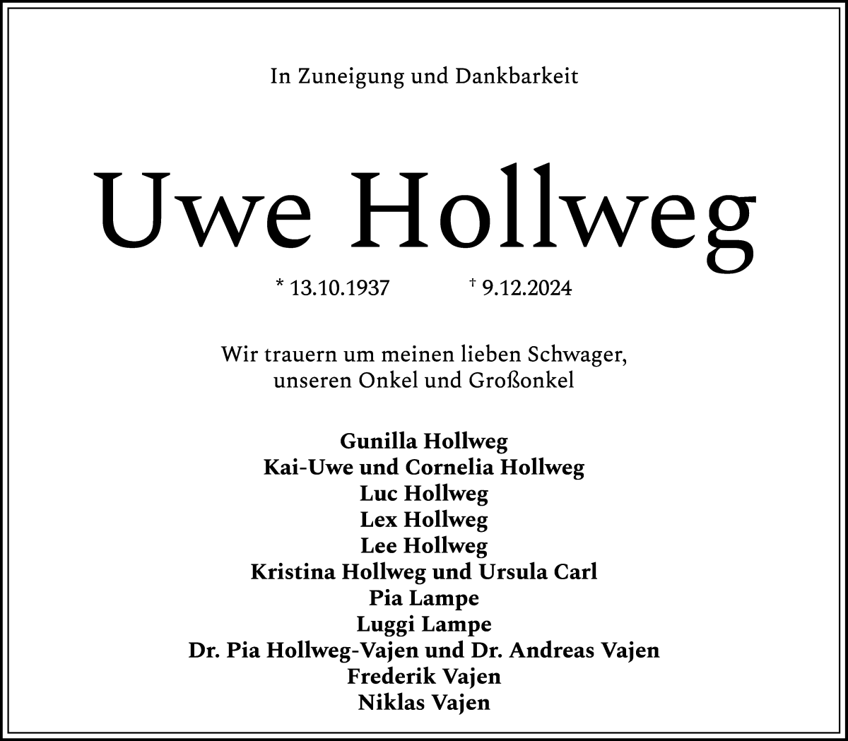 Traueranzeige von Uwe Hollweg von WESER-KURIER