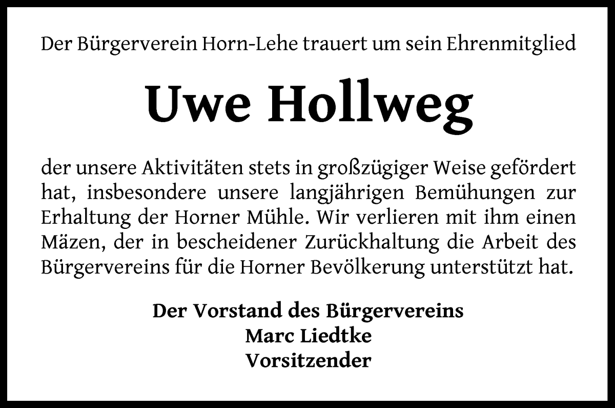 Traueranzeige von Uwe Hollweg von WESER-KURIER