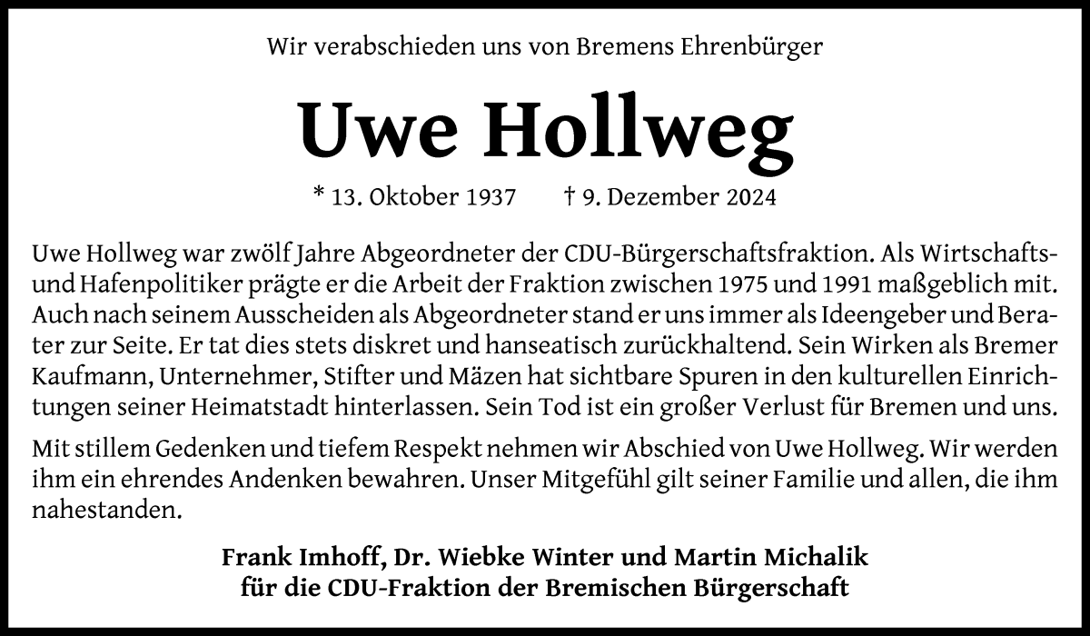 Traueranzeige von Uwe Hollweg von WESER-KURIER