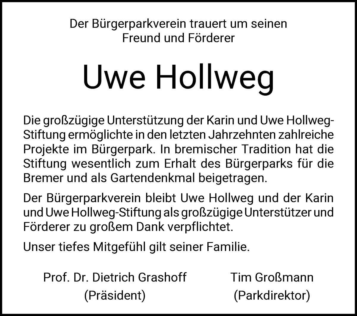 Traueranzeige von Uwe Hollweg von WESER-KURIER