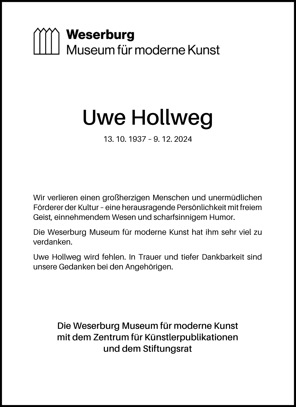 Traueranzeige von Uwe Hollweg von WESER-KURIER