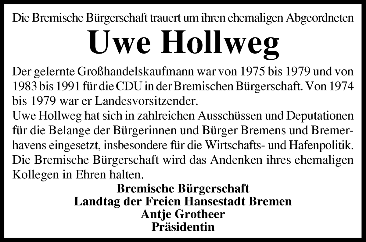 Traueranzeige von Uwe Hollweg von WESER-KURIER