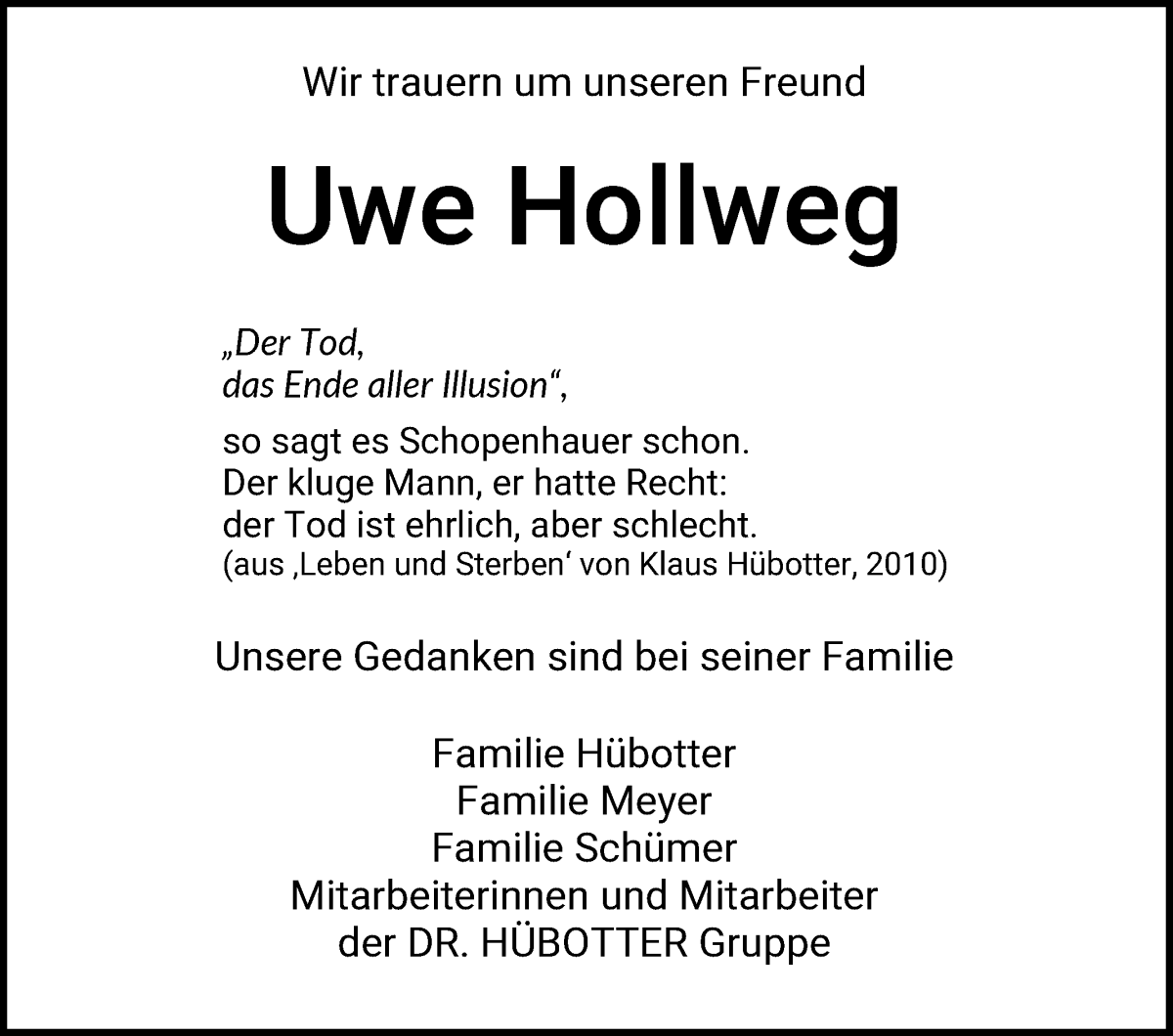 Traueranzeige von Uwe Hollweg von WESER-KURIER