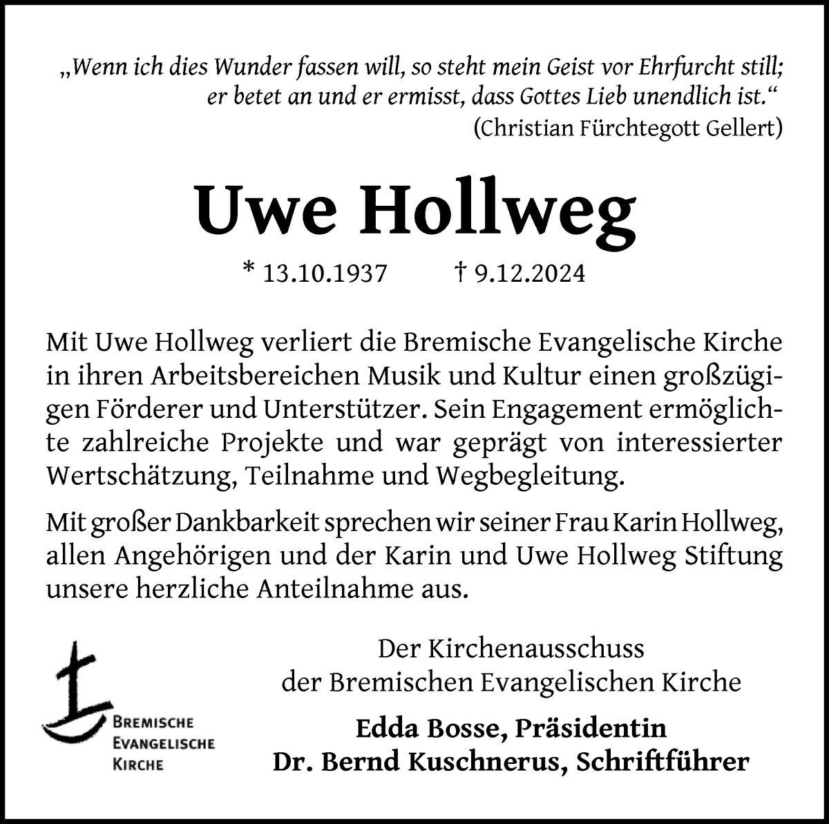 Traueranzeige von Uwe Hollweg von WESER-KURIER