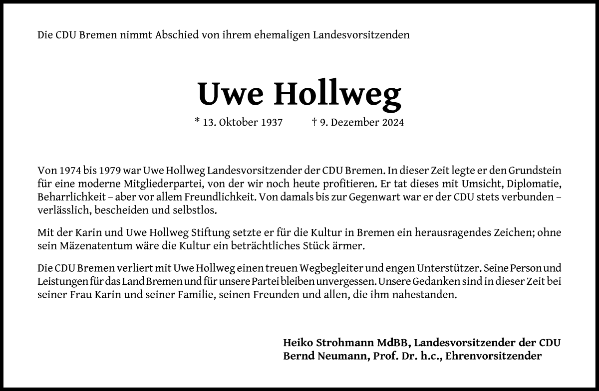 Traueranzeige von Uwe Hollweg von WESER-KURIER