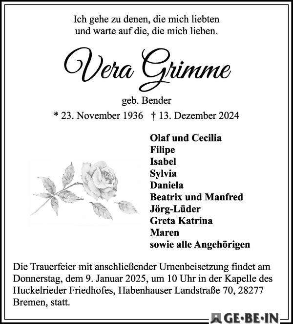 Traueranzeige von Vera Grimme von WESER-KURIER