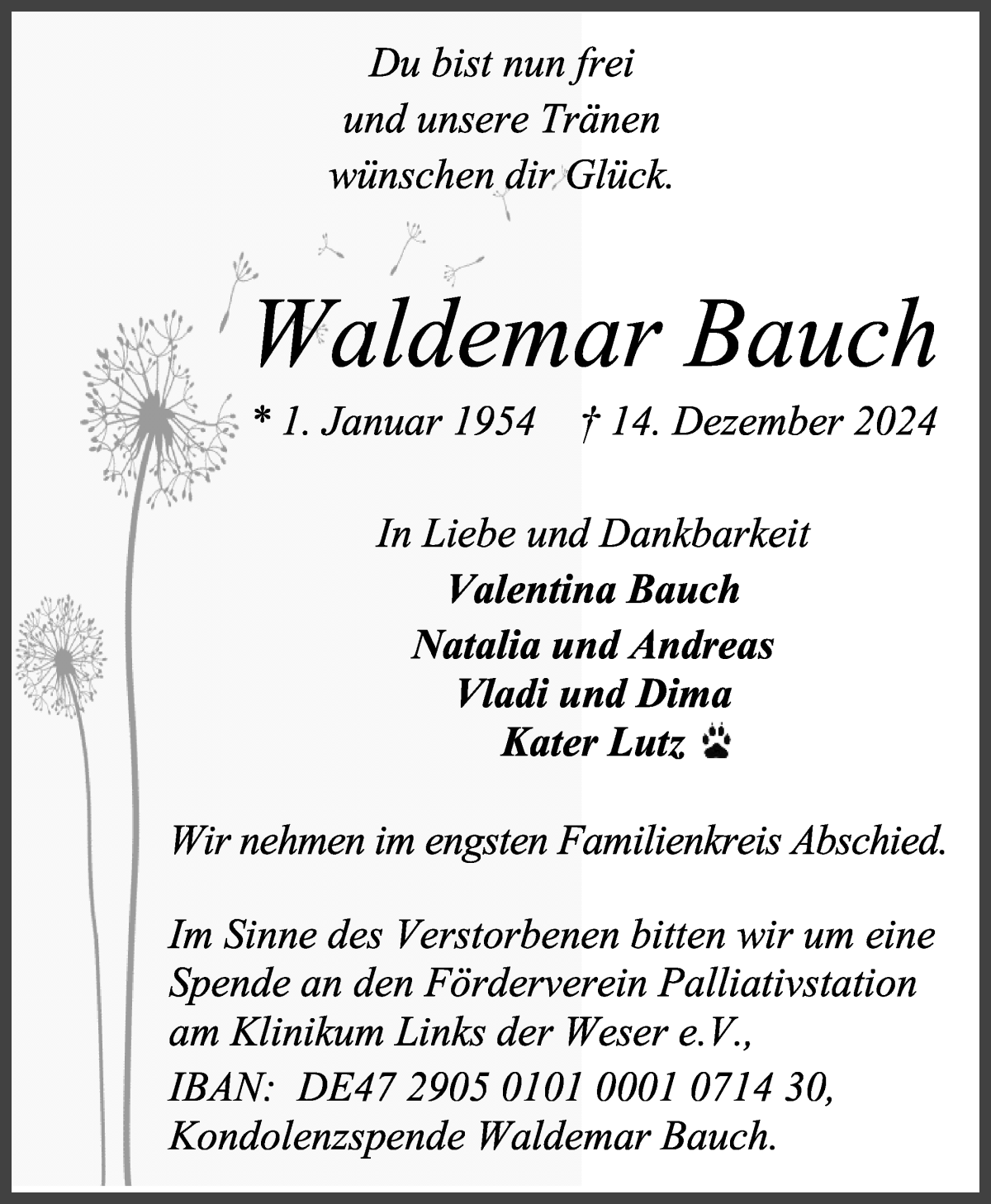 Traueranzeige von Waldemar Bauch von Achimer Kurier/Verdener Nachrichten