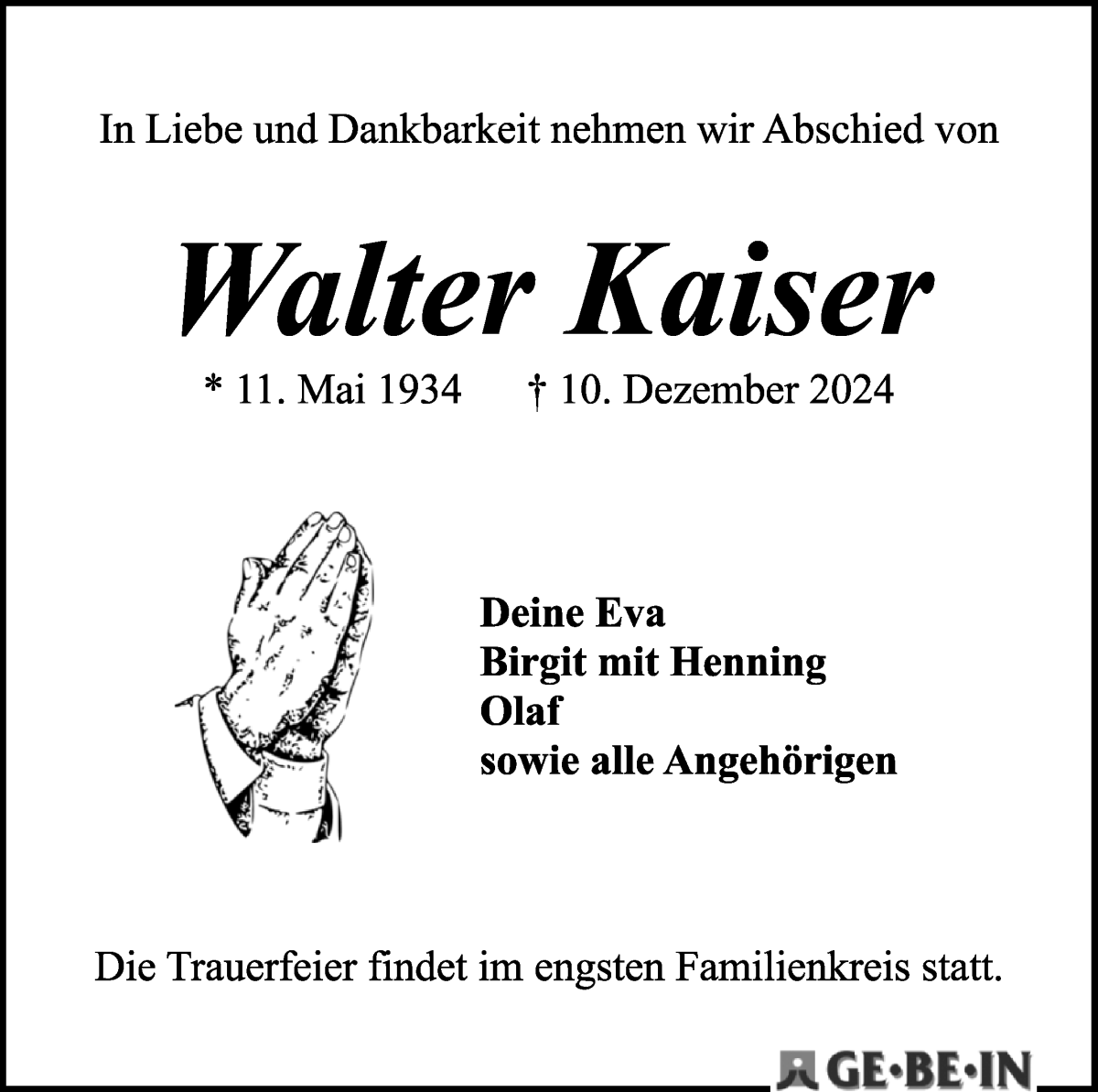 Traueranzeige von Walter Kaiser von WESER-KURIER