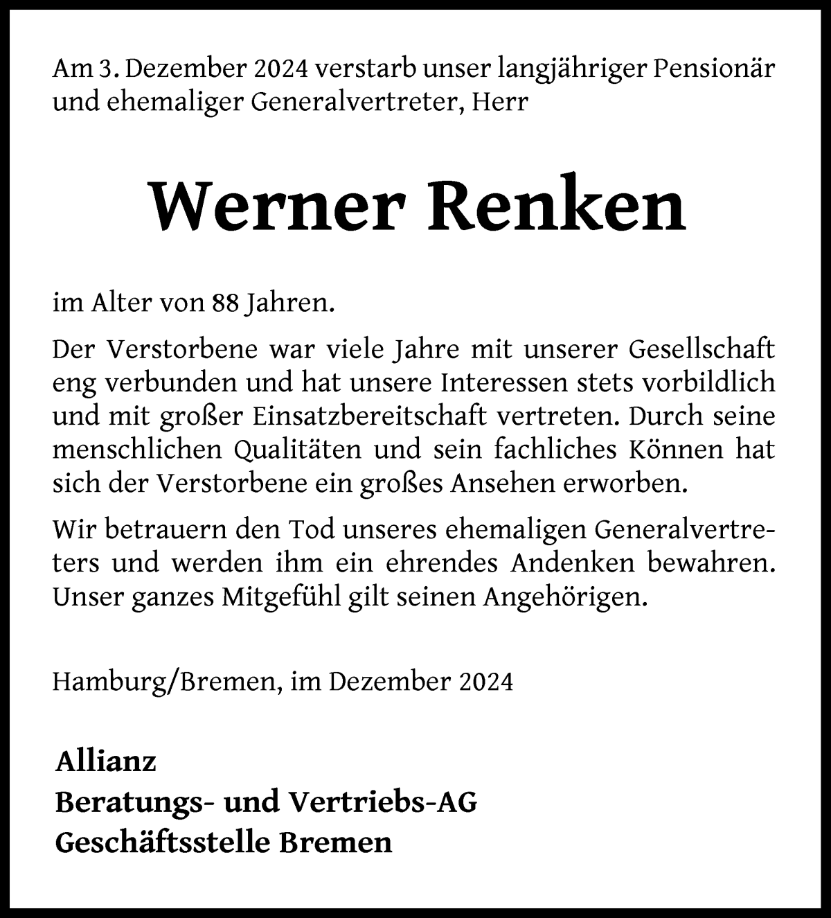 Traueranzeige von Werner Renken von WESER-KURIER