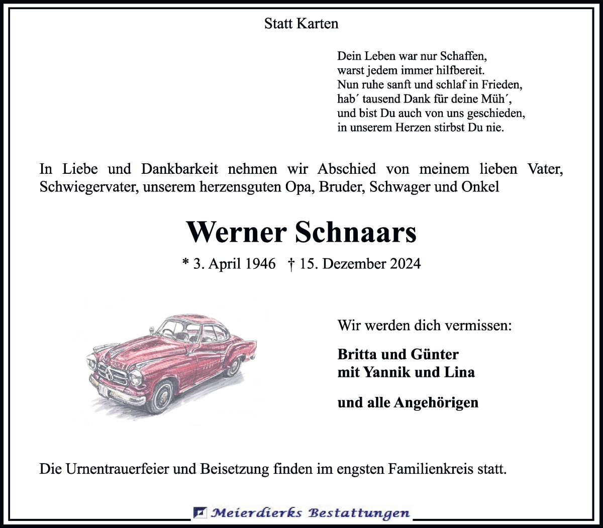 Traueranzeige von Werner Schnaars von Wuemme Zeitung
