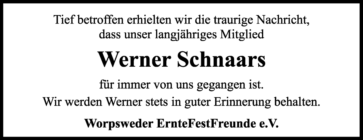 Traueranzeige von Werner Schnaars von Wuemme Zeitung