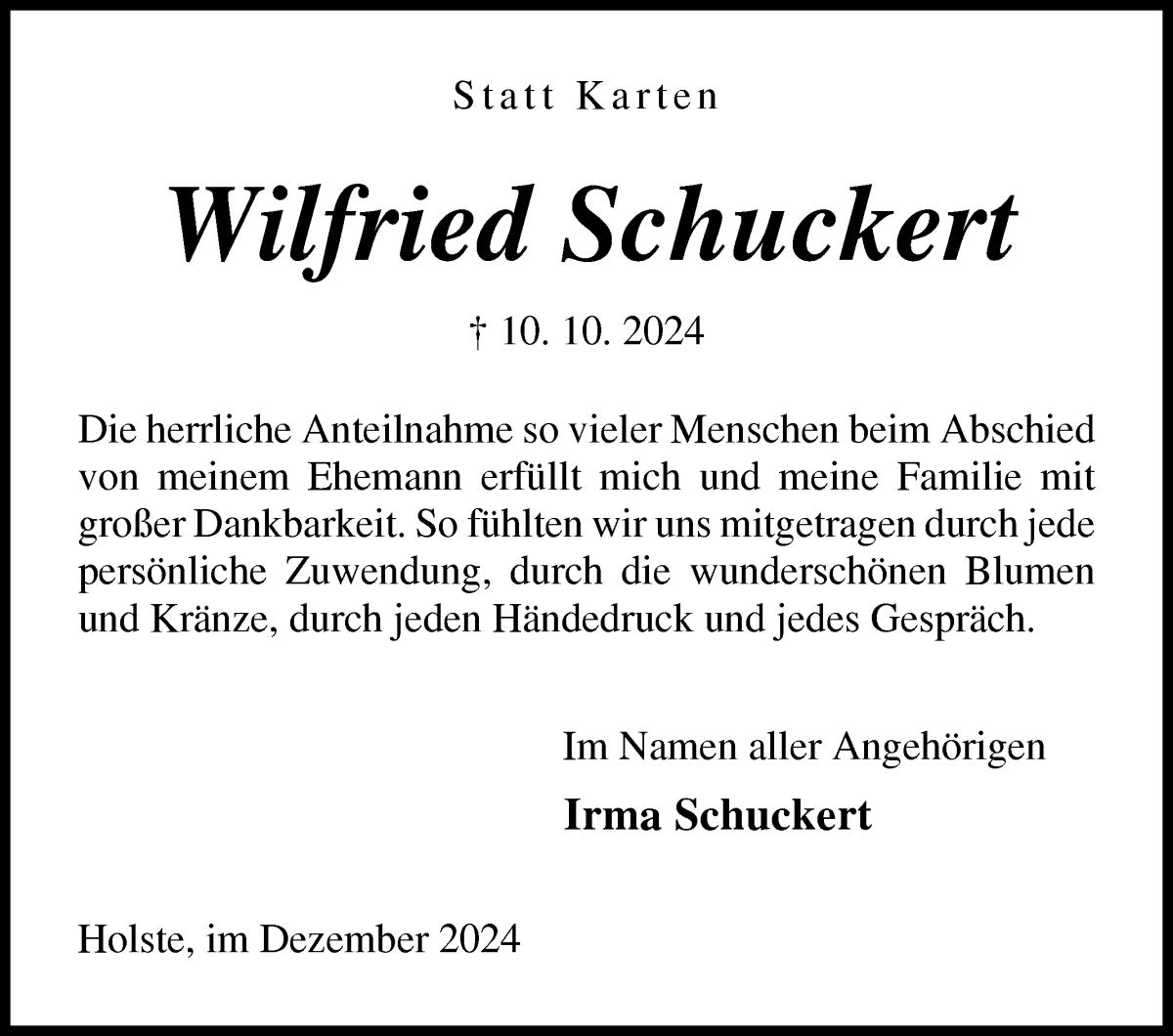 Traueranzeige von Wilfried Schuckert von Osterholzer Kreisblatt