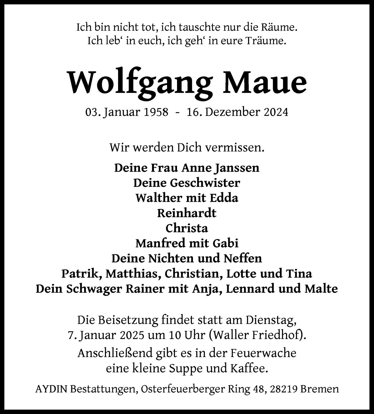 Traueranzeige von Wolfgang Maue von WESER-KURIER