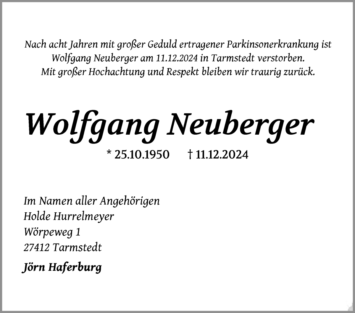 Traueranzeige von Wolfgang Neuberger von Wuemme Zeitung