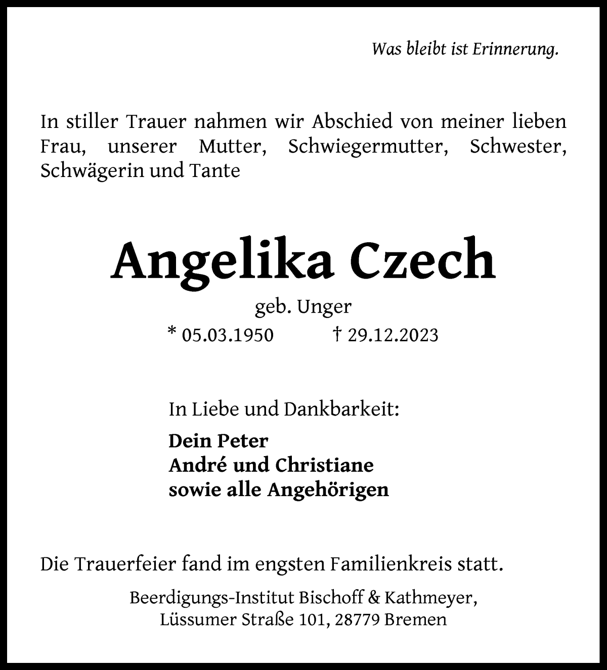 Traueranzeige von Angelika Czech von Die Norddeutsche