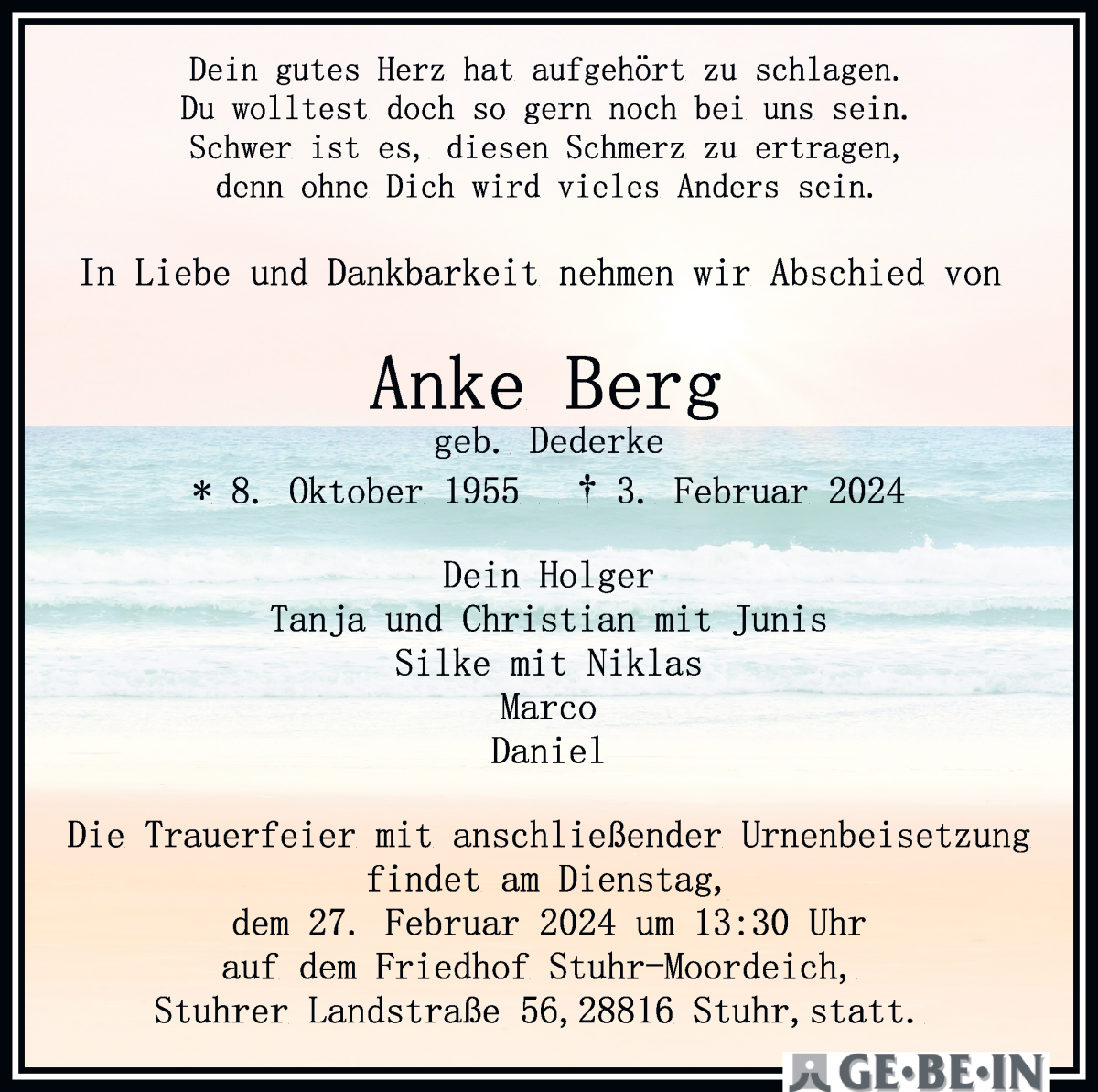 Traueranzeige von Anke Berg von WESER-KURIER