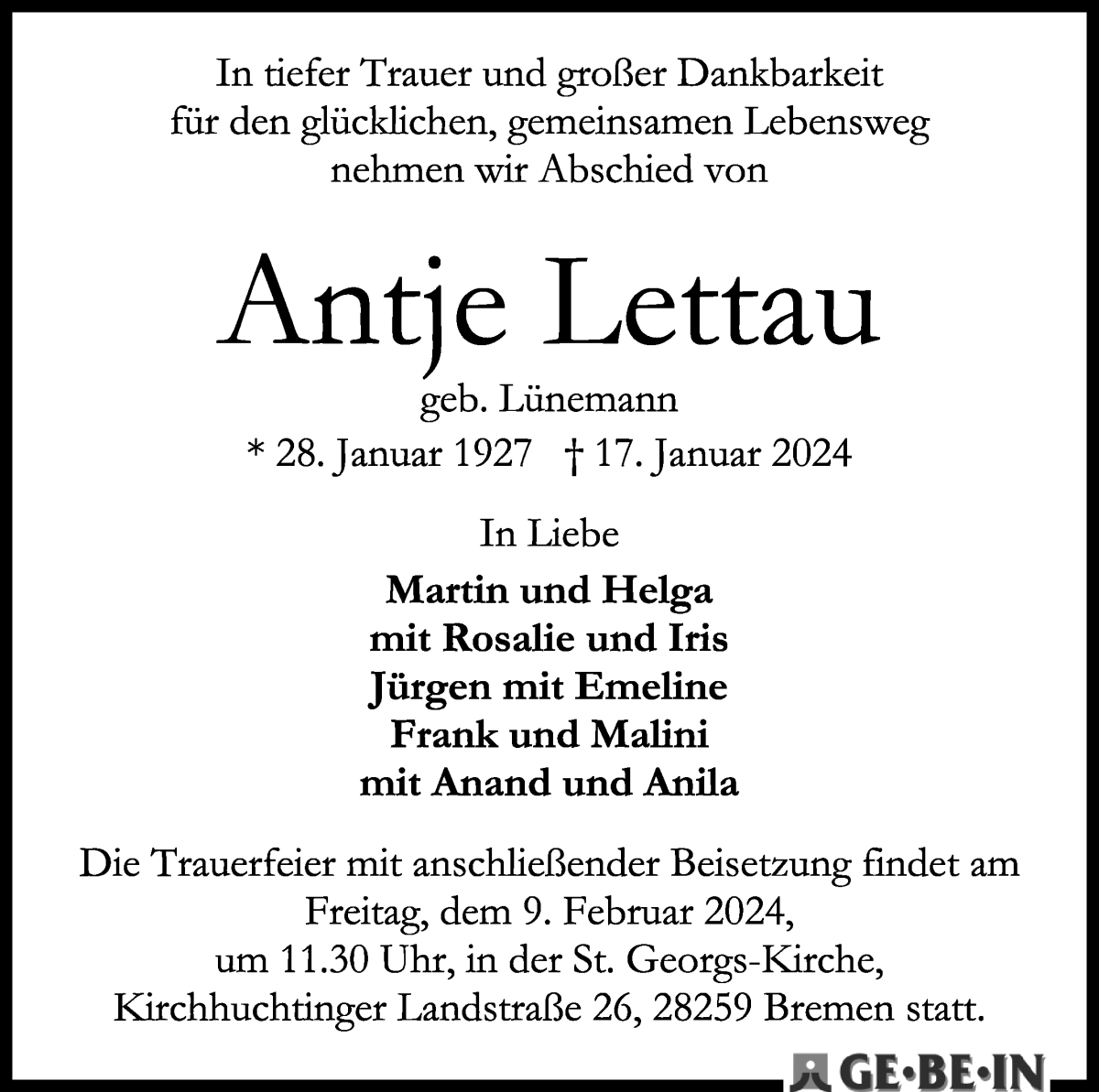 Traueranzeige von Antje Lettau von WESER-KURIER