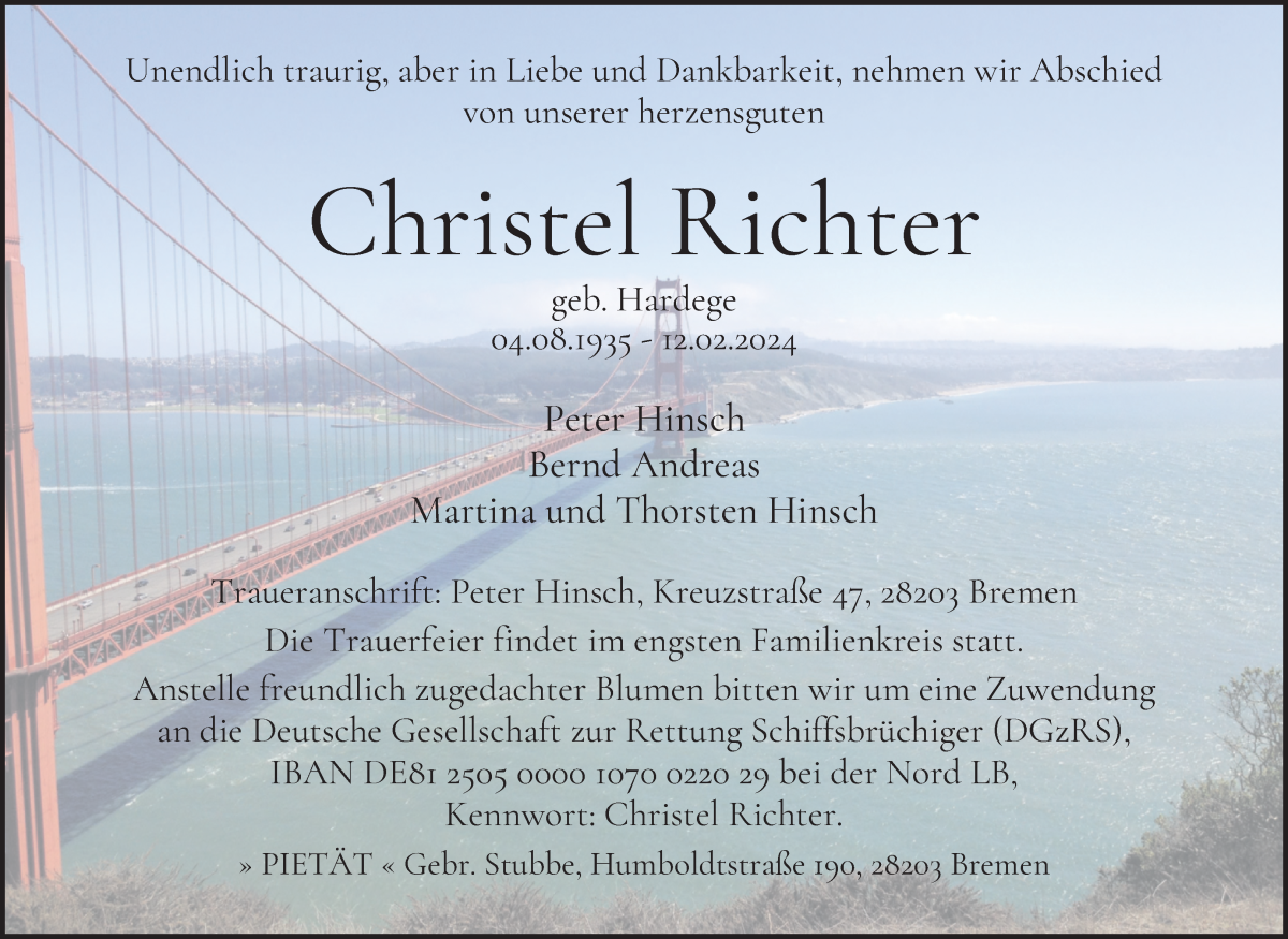 Traueranzeige von Christel Richter von WESER-KURIER