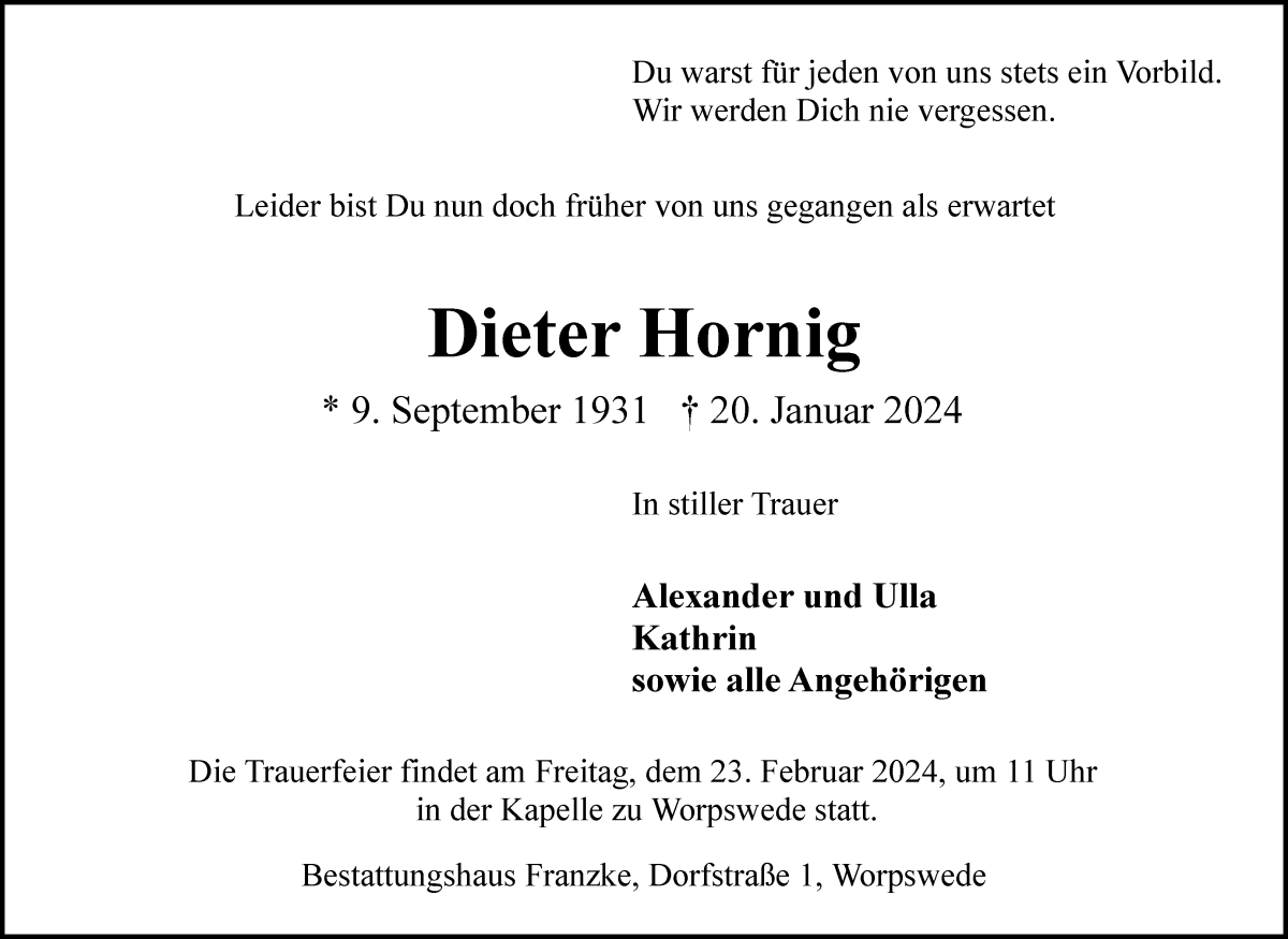 Traueranzeige von Dieter Hornig von Wuemme Zeitung