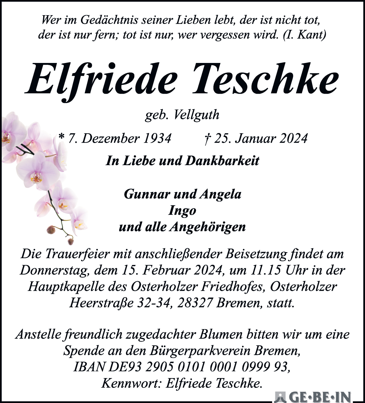 Traueranzeige von Elfriede Teschke von WESER-KURIER
