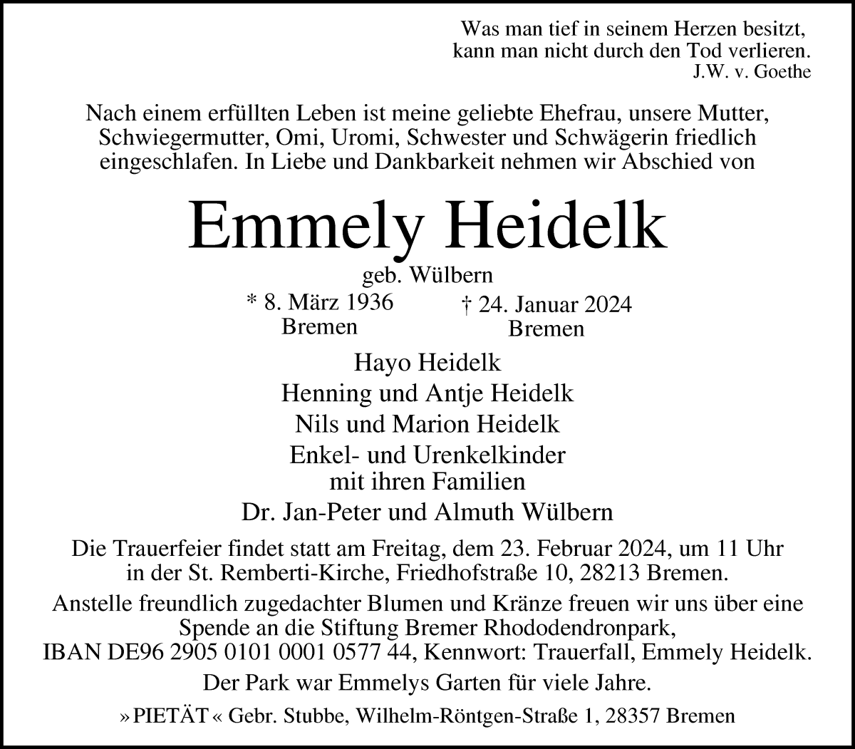 Traueranzeige von Emmely Heidelk von WESER-KURIER
