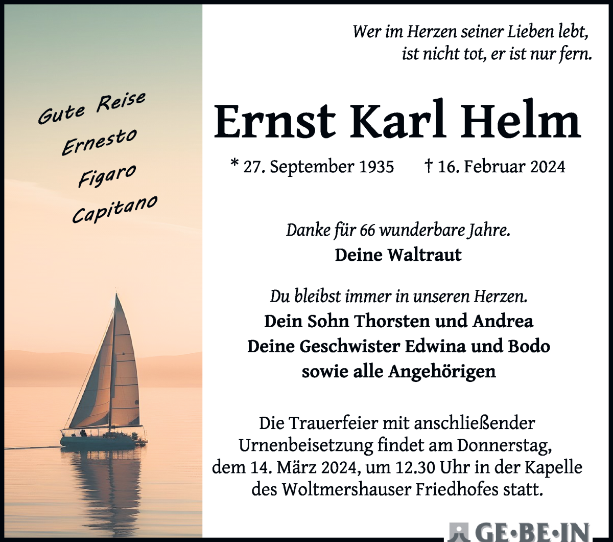 Traueranzeige von Ernst Karl Helm von WESER-KURIER