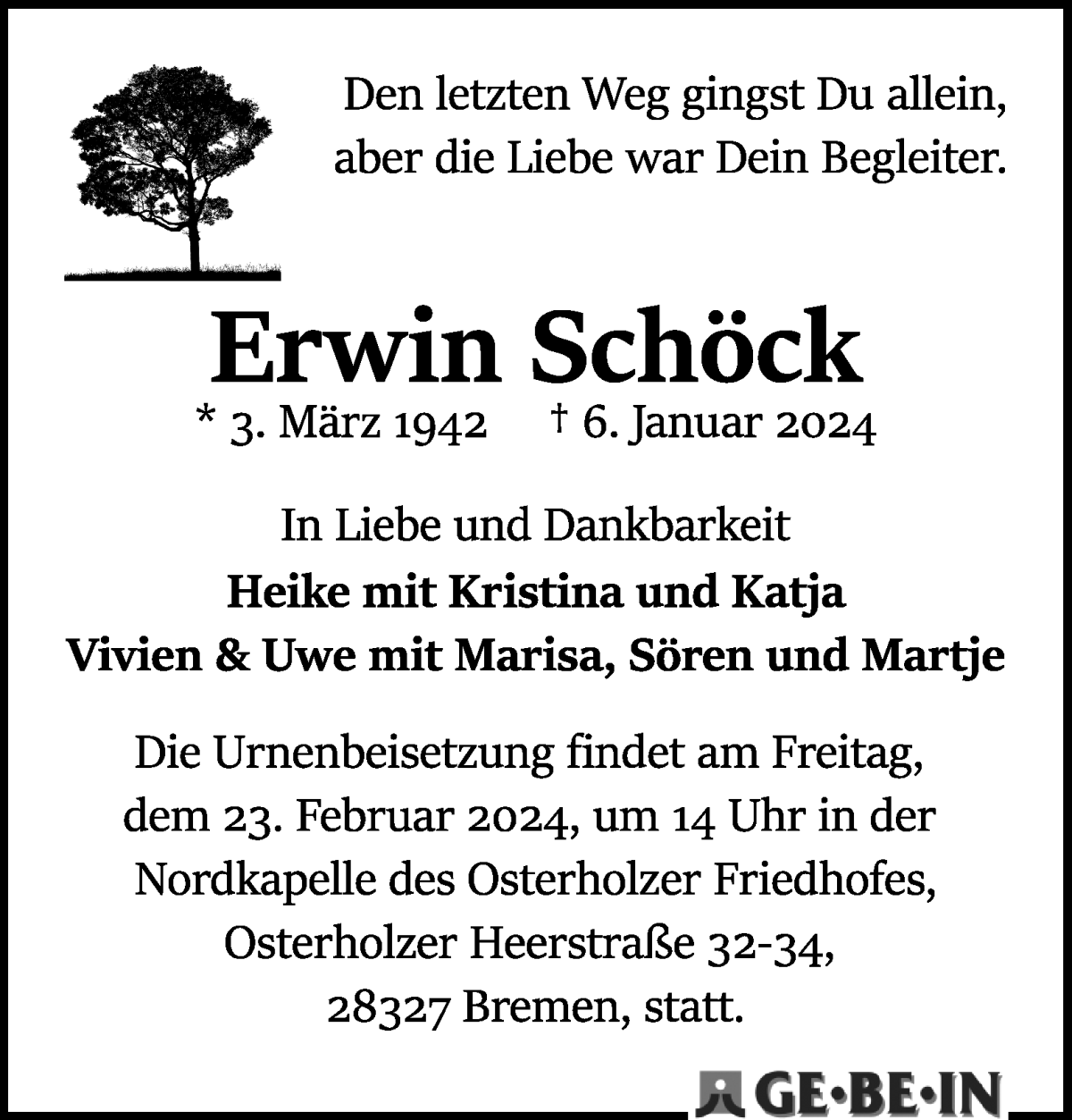 Traueranzeige von Erwin Schöck von WESER-KURIER