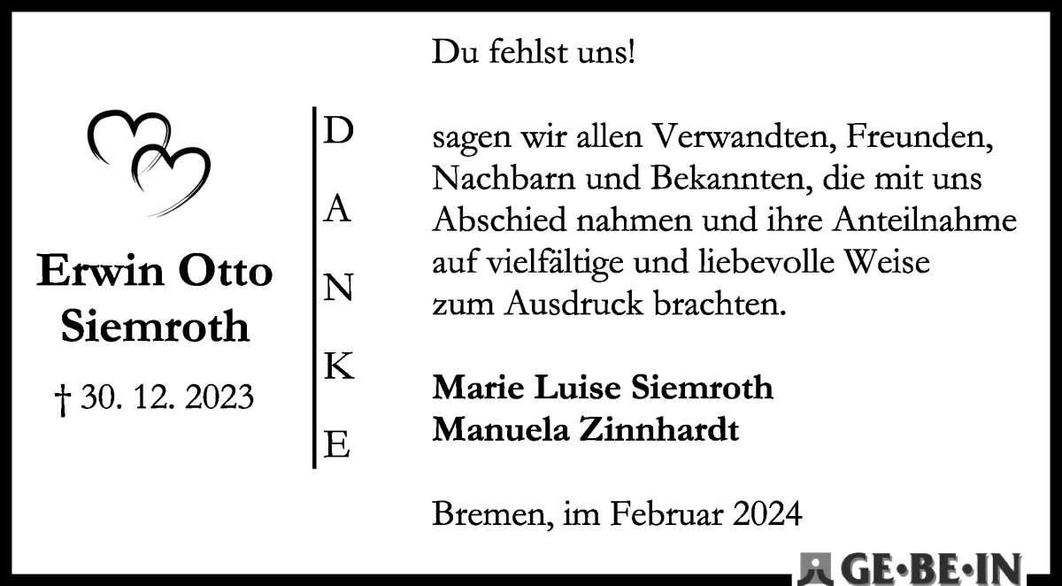 Traueranzeige von Erwin Siemroth von WESER-KURIER