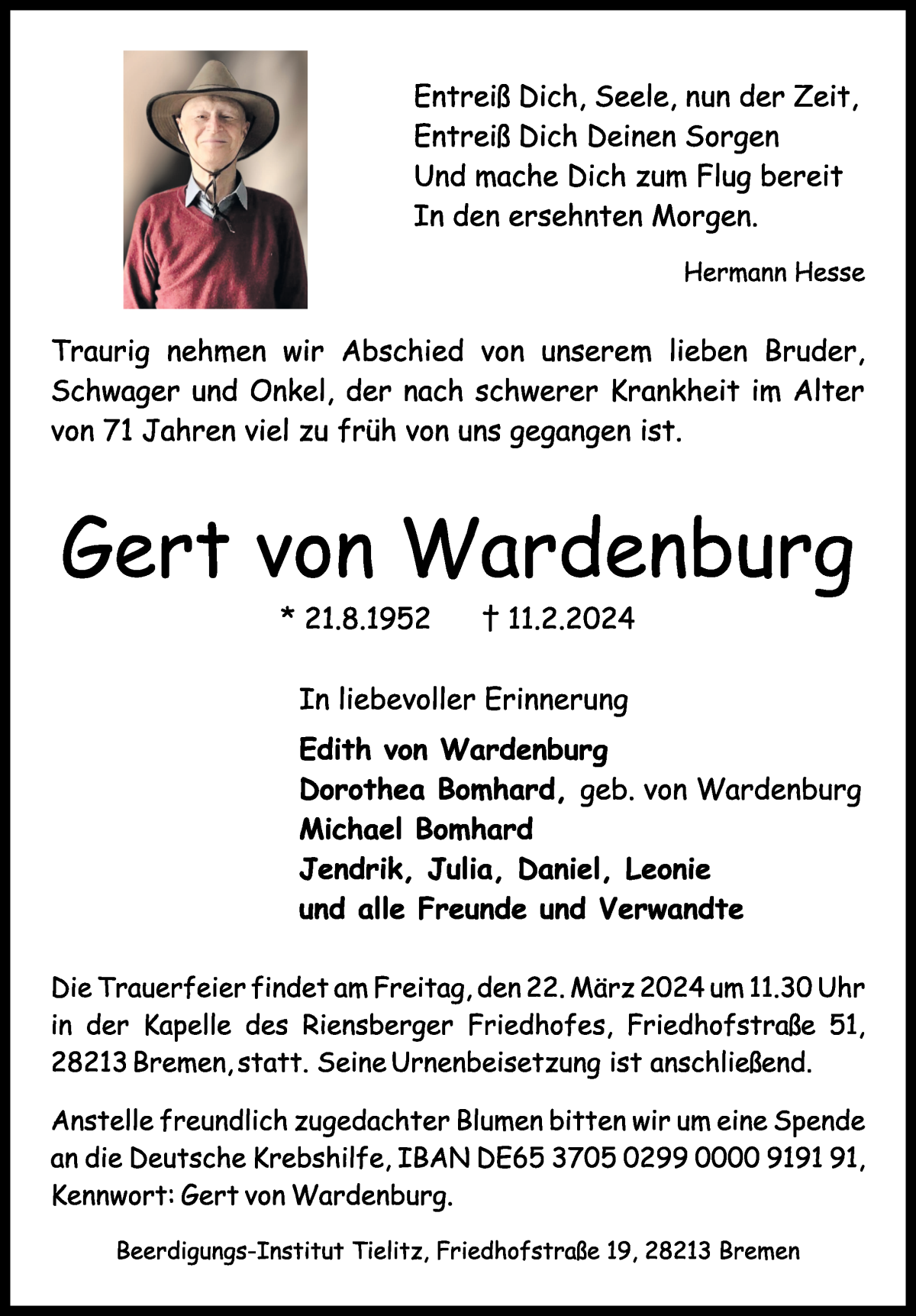 Traueranzeige von Gert von Wardenburg von WESER-KURIER