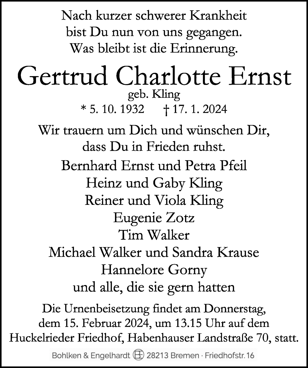 Traueranzeige von Gertrud Charlotte Ernst von WESER-KURIER