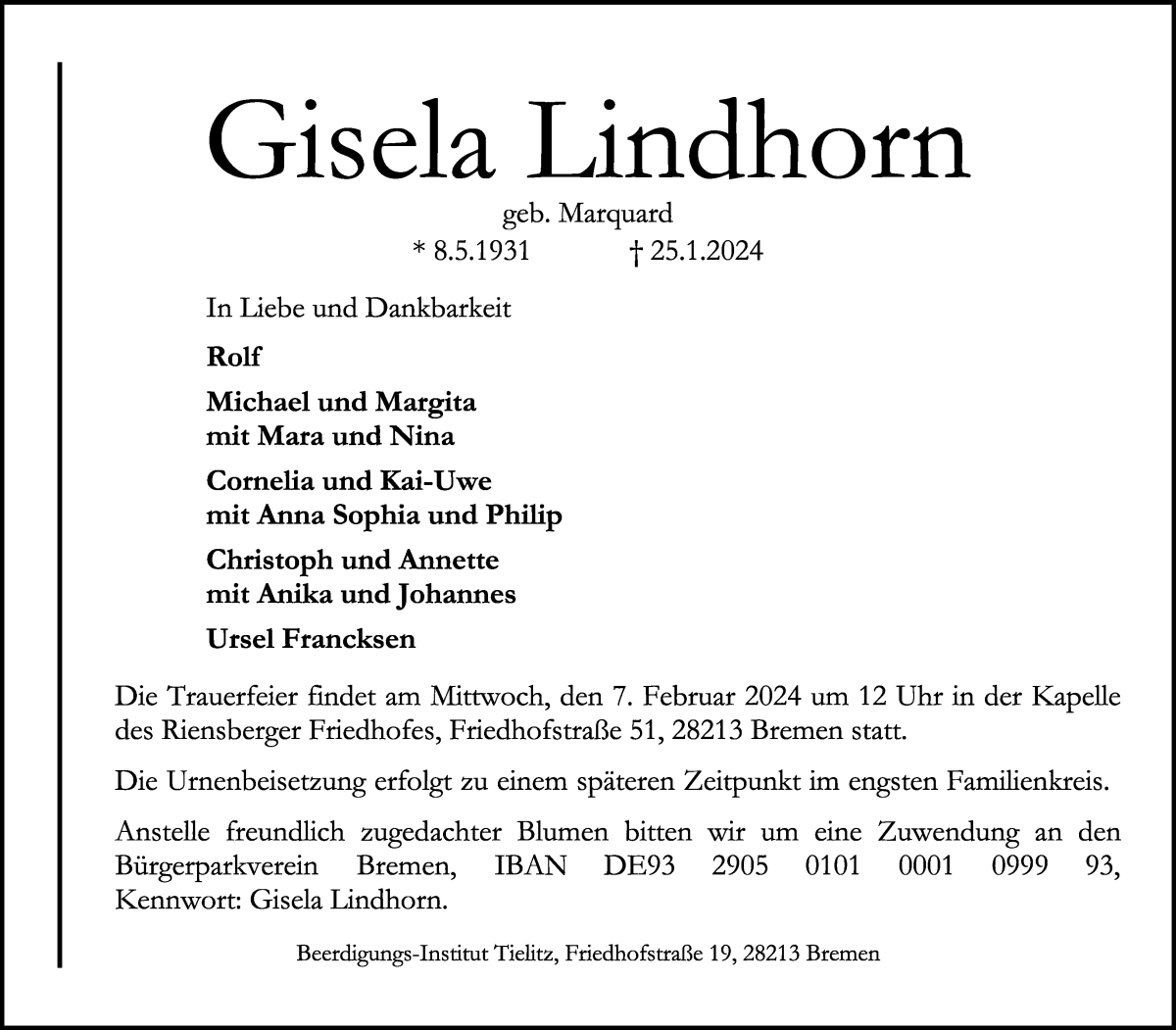 Traueranzeige von Gisela Lindhorn von WESER-KURIER