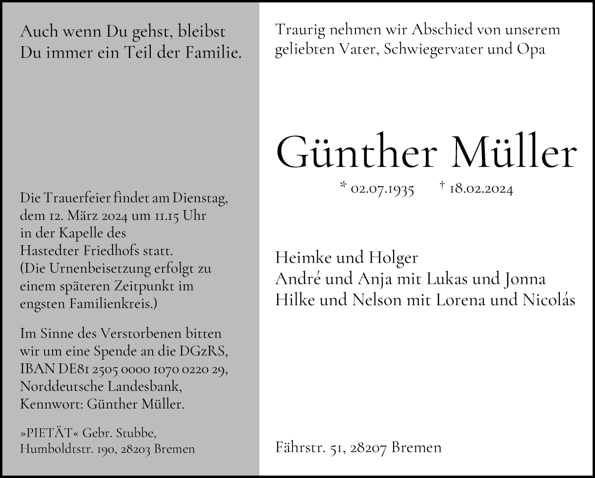 Traueranzeige von Günther Müller von WESER-KURIER